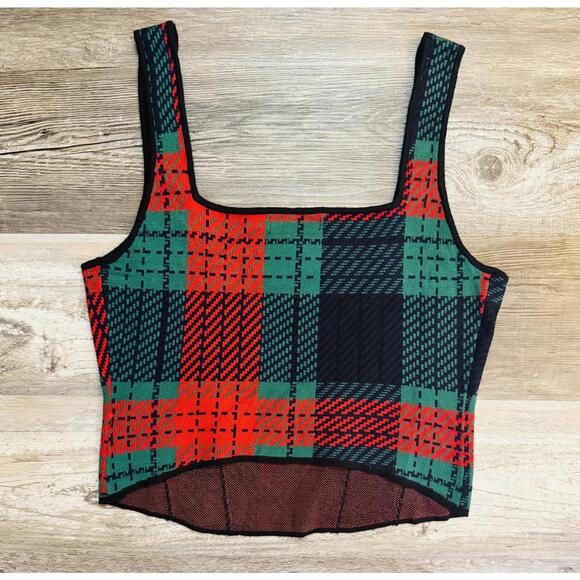 Johnny Wujek Women's Red and Green Plaid Crop Tank Top XL - Picture 2 of 5